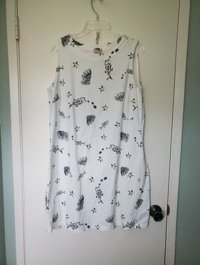 Red Ginger Woman's White/Black Sea Shell Ocean Shift Mini Dress Tank Sz L